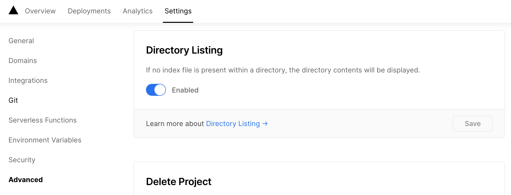 Vercel settings directory listing