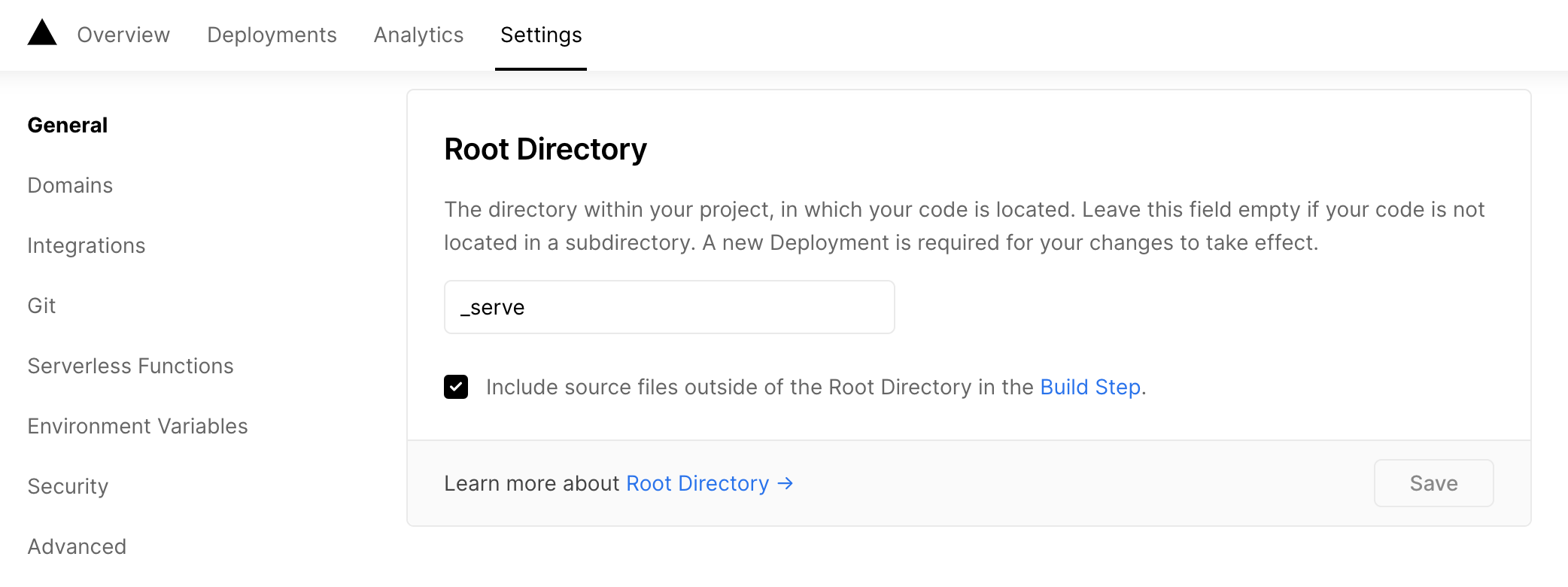 Vercel settings root directory
